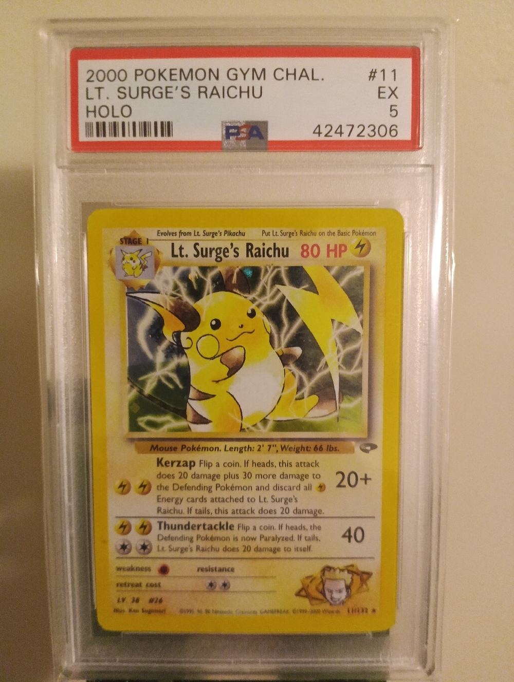 2000 POKEMON GYM CHALLENGE #11 LT. SURGE'S RAICHU HOLO PSA 5
